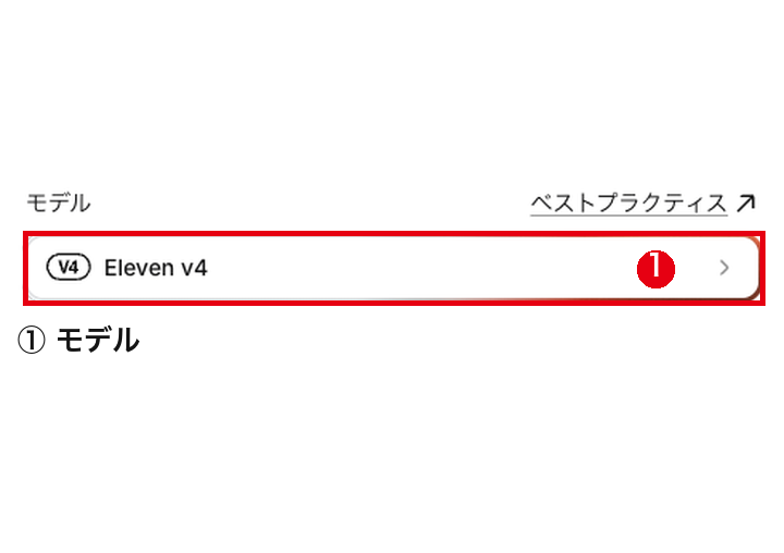 設定のタブにある「モデル」の欄(Eleven v4)と「ベストプラクティス」のリンク