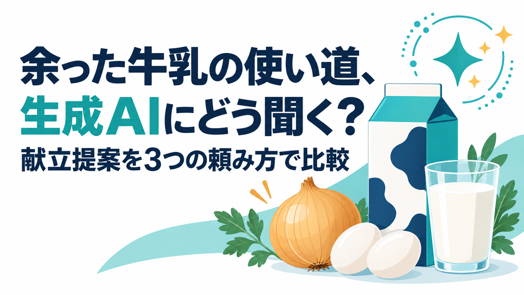 牛乳と卵、玉ねぎを添えた、生成AIへの献立の頼み方を比較する記事のタイトル