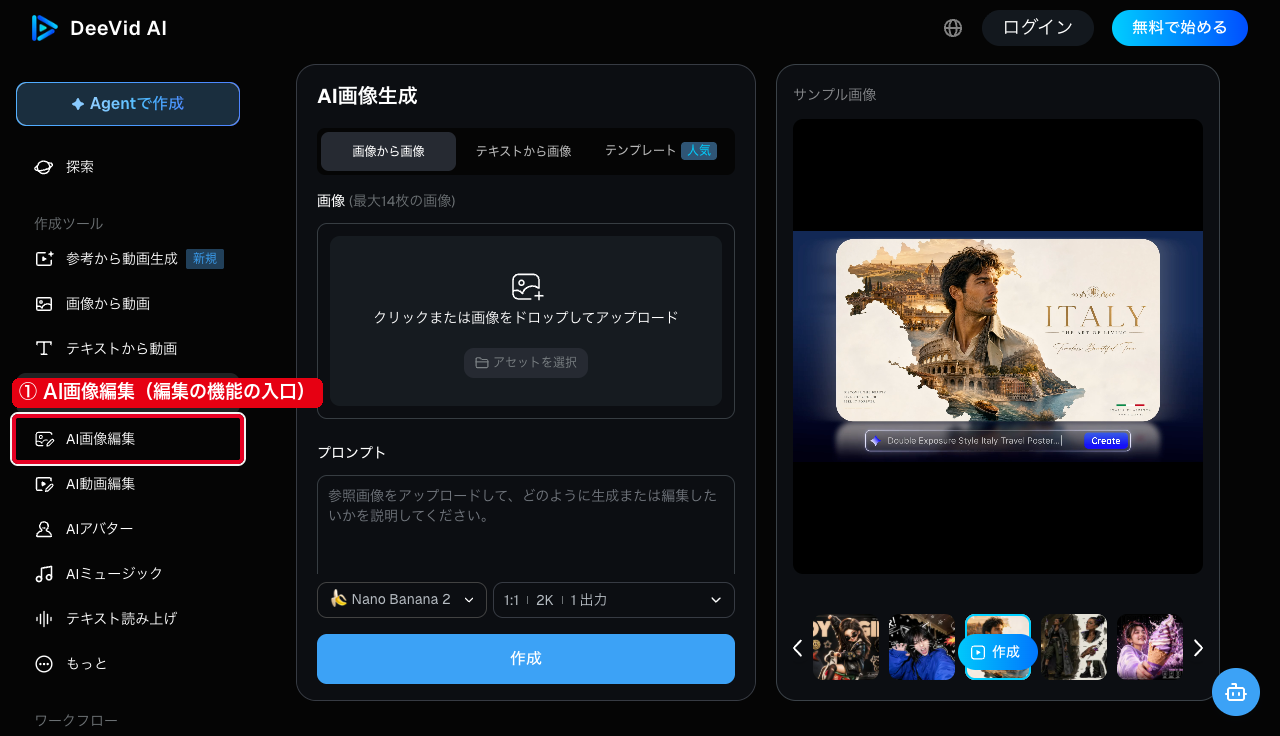 DeeVid AIの左の作成ツールの一覧と、AI画像生成の画面。①は編集の機能の入口の「AI画像編集」