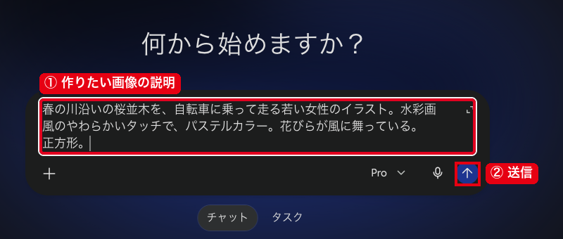 Geminiの入力欄に①の作りたい画像の説明を書き、②の送信のボタンを押す画面