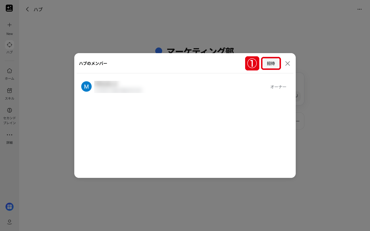 「ハブのメンバー」の画面で、右上の「招待」（赤枠①）を示した画面