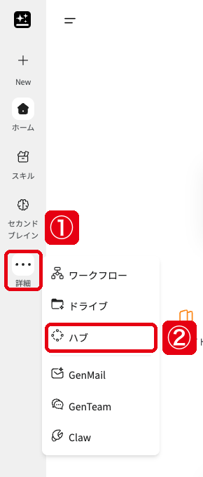 Gensparkのサイドバーの「詳細」（赤枠①）を開き、メニューの「ハブ」（赤枠②）を示した画面