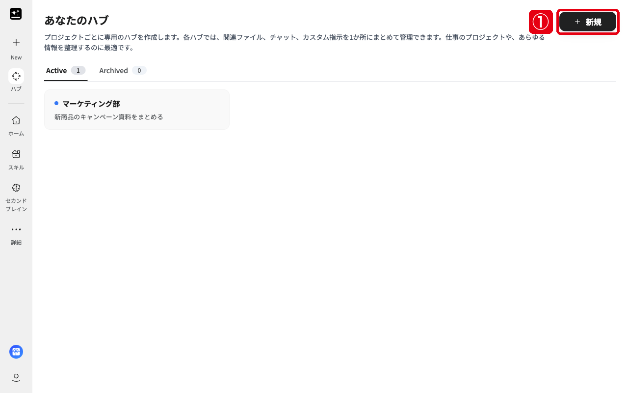 「あなたのハブ」の画面で右上の「+ 新規」（赤枠①）を示した画面