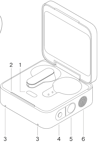 Plaud Oneの充電ケースの図。番号4がAgentボタン、番号5が録音ボタン
