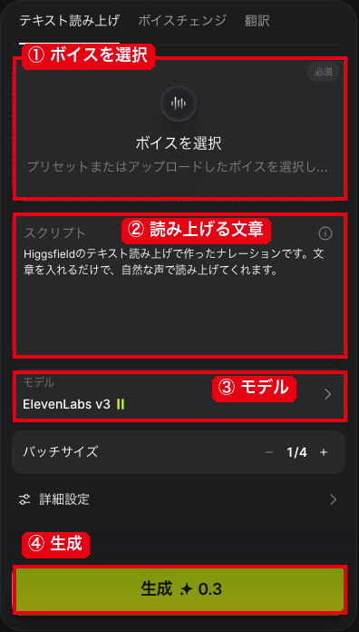 音声のテキスト読み上げの画面の①ボイスを選択・②読み上げる文章・③モデル（ElevenLabs v3）・④生成