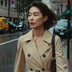 上のプロンプトをSoul 2.0で生成した、雨の街を歩くトレンチコートの日本人女性の画像