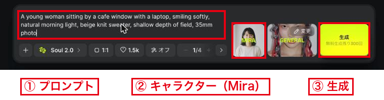 Soul 2.0の生成バーの①プロンプト・②キャラクター（Mira）・③生成（無料生成の残りの回数の表示）