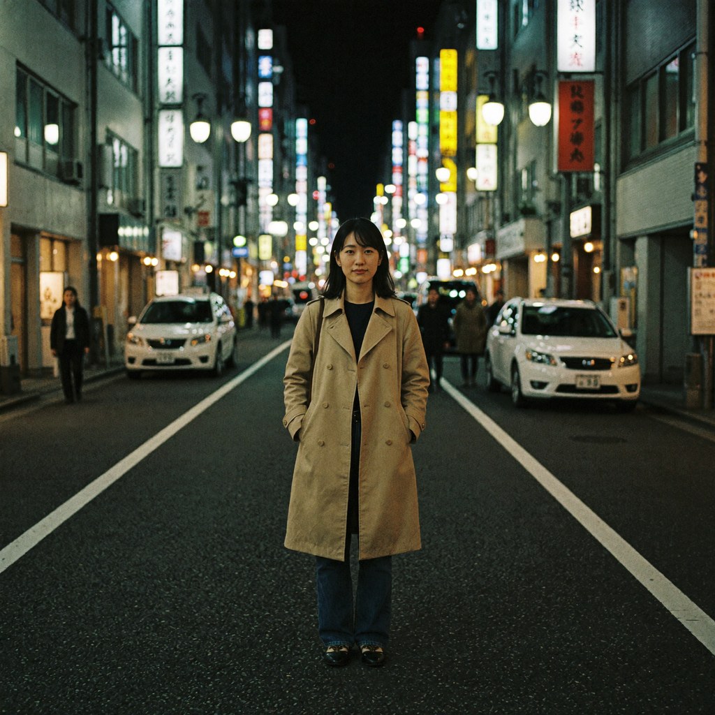Soul ID「Mira」で生成した、夜の東京の通りに立つトレンチコートの女性の画像