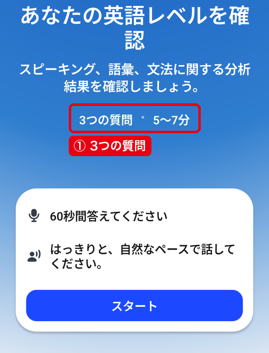 「あなたの英語レベルを確認」の開始画面と「3つの質問・5〜7分」の表示
