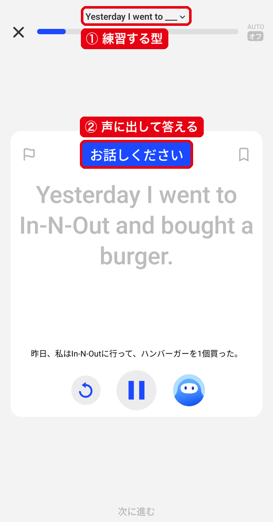 間違いから作られた復習の最初の問題で、練習する文の型と「お話しください」が出た画面