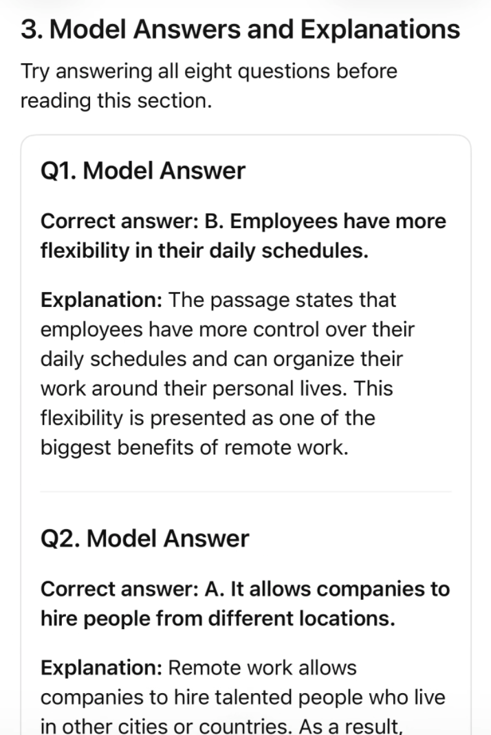 返答の「Model Answers and Explanations」。Q1とQ2の正解と英語の解説が出た画面