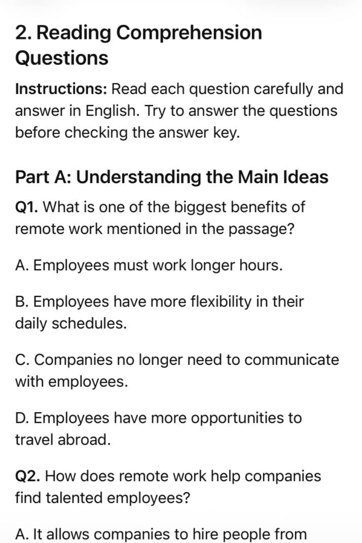 長文読解の返答の「Reading Comprehension Questions」。Part AのQ1とAからDの選択肢が並んだ画面