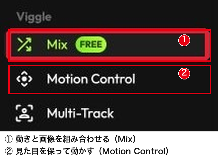Viggle AIの左メニューにある「Mix」と「Motion Control」